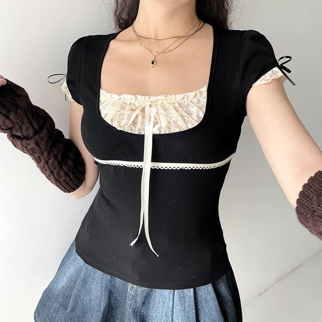 Short Sleeve / Long Sleeve Mock Two Piece Lace-Panel Tie-Front Crop Top