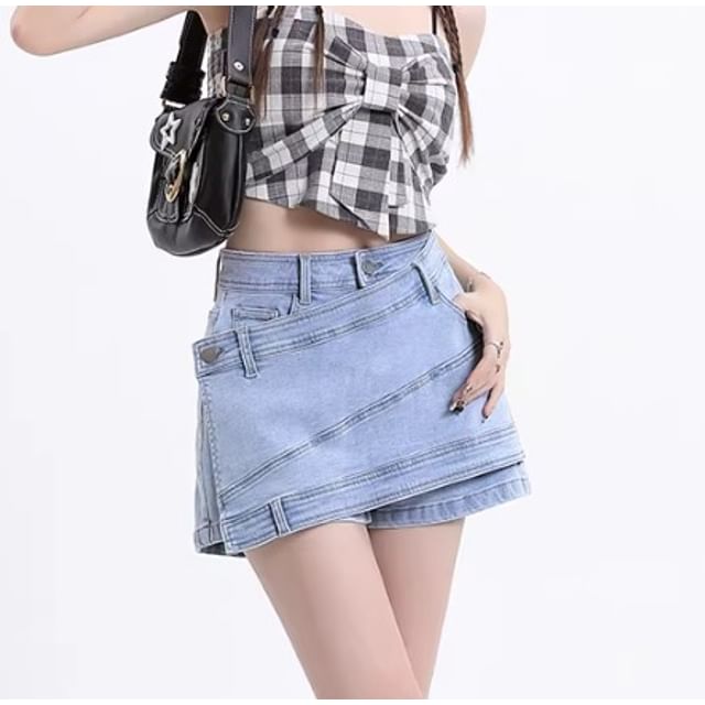 Mid Waist Washed Asymmetrical Denim Skort