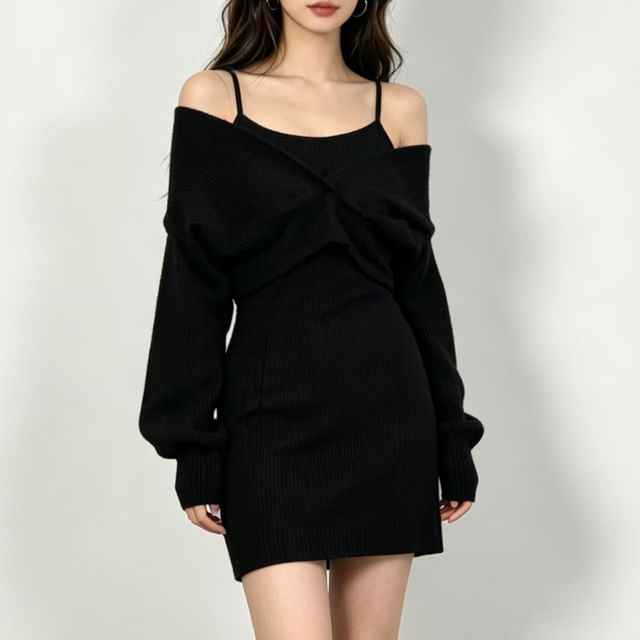 Set: Spaghetti Strap Mini Dress + Long-Sleeve V-Neck Cropped Top