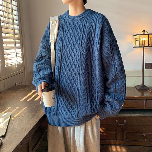 Crew Neck Plain Cable Knit Sweater