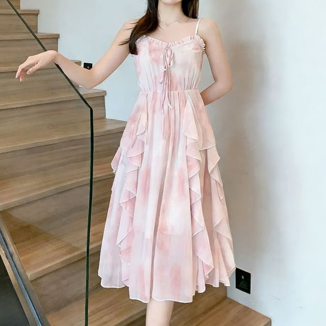Spaghetti Strap Floral Print Midi A-Line Dress