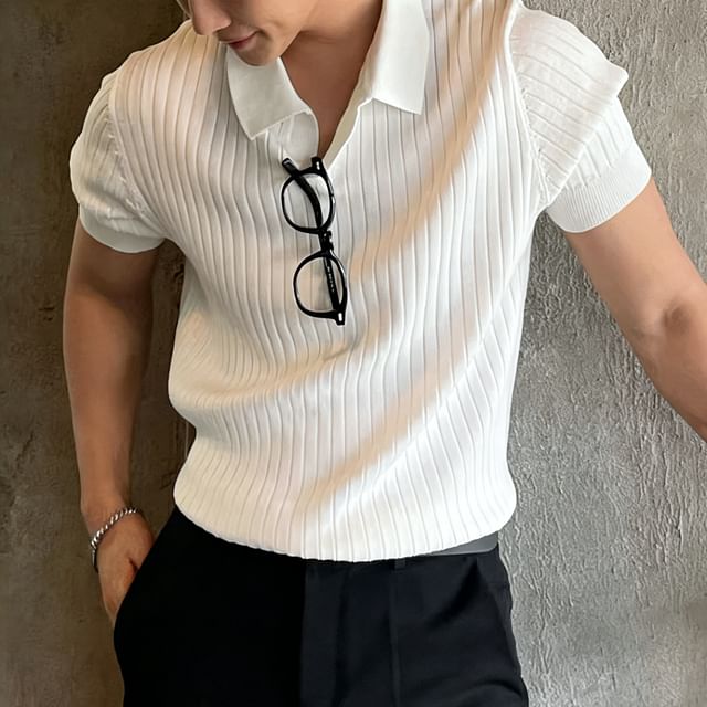 Short-Sleeve Plain Knit Ribbed Polo Shirt