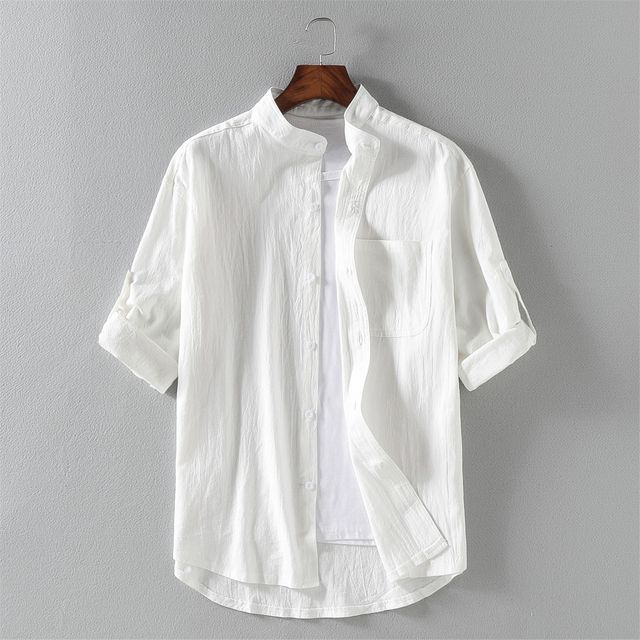 Elbow-Sleeve Stand Collar Linen Plain Shirt