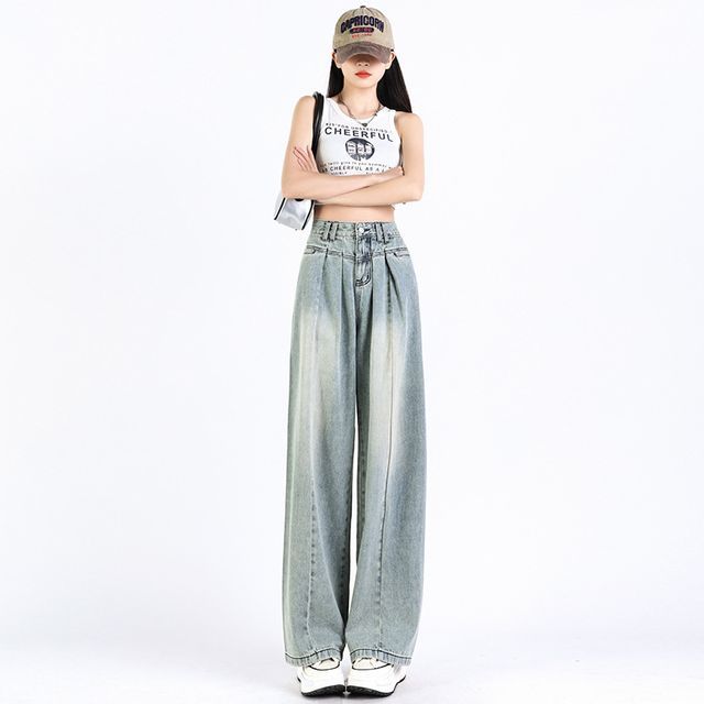 High Waist Washed Pleated Wide Leg Jeans (Various Designs)