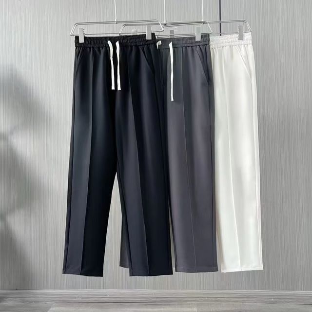 Drawstring Waist Plain Cropped Straight Leg Suit Pants