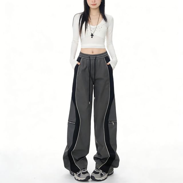 Drawstring Waist Two Tone Wide Leg Pants