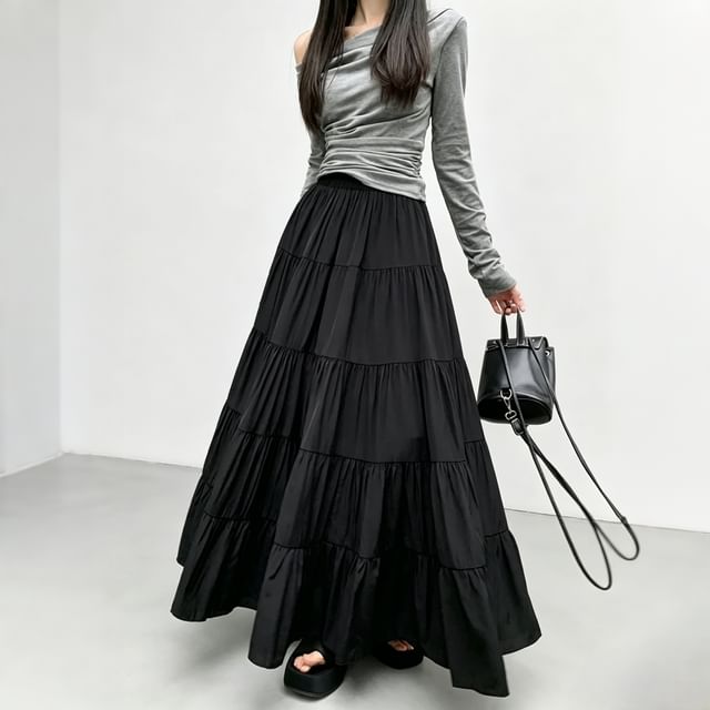 Elastic Waist Plain Tiered Maxi A-Line Skirt