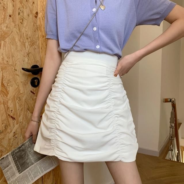 High Rise Plain Ruched Mini Pencil Skirt