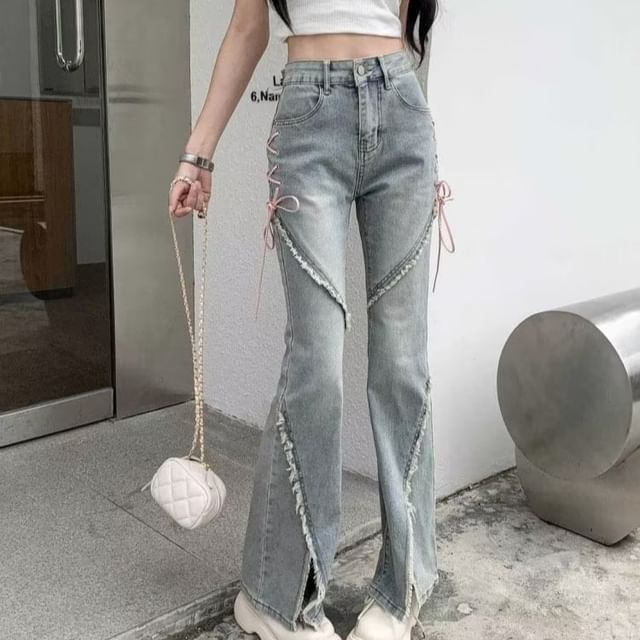 High Rise Washed Lace Up Slit Fray Flared Jeans