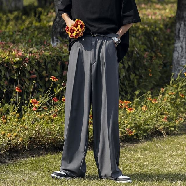 Mid Rise Plain Wide Leg Dress Pants