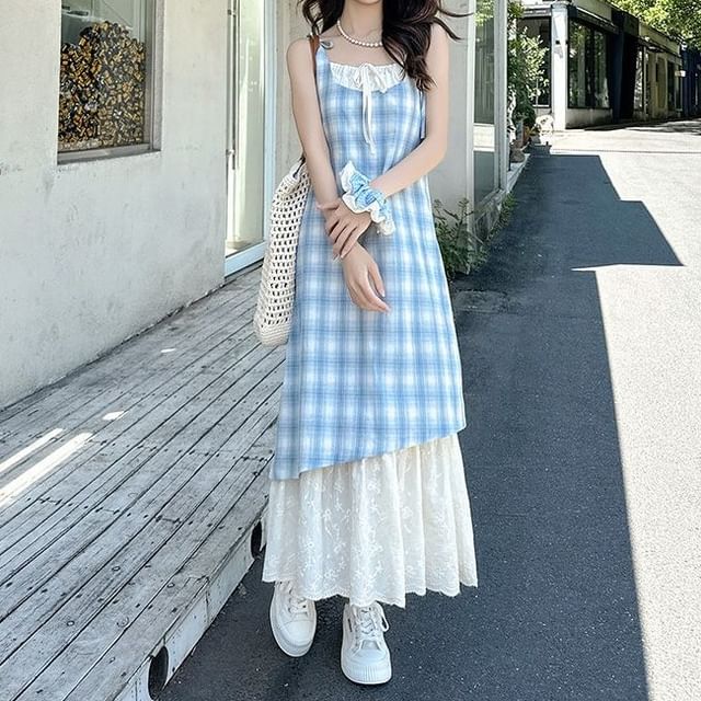 Spaghetti Strap Plaid Mock Two-Piece Maxi Sundress