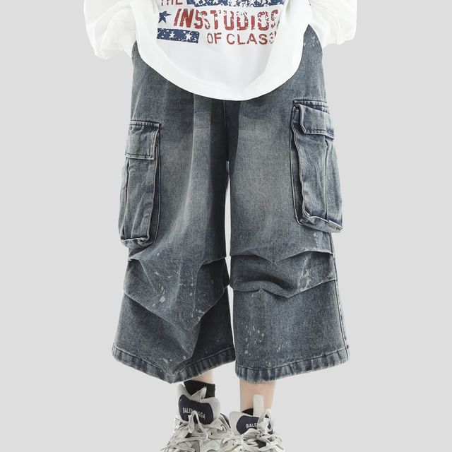 Mid Rise Washed Ruched Capri Wide Leg Cargo Jeans