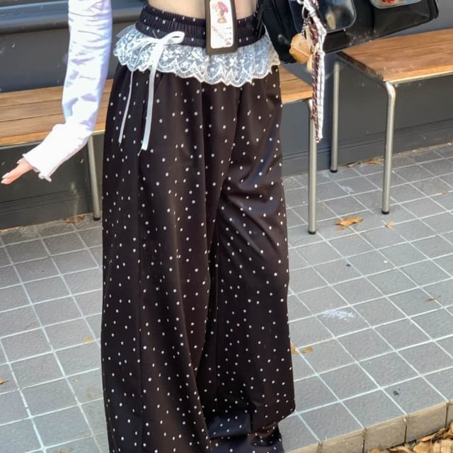 Elastic Waist Dotted Ruffle Wide Leg Pants