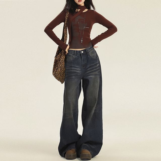 High Rise Washed Wide Leg Jeans (Various Designs)