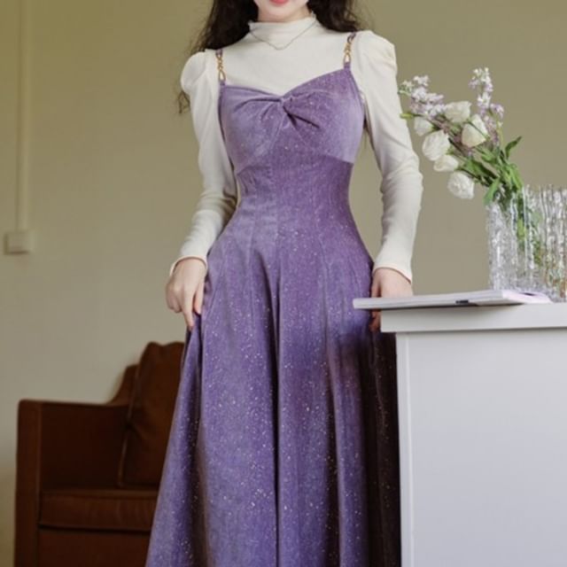 Set: Spaghetti Strap V-Neck Maxi A-Line Dress + Long-Sleeve Mock Neck Top