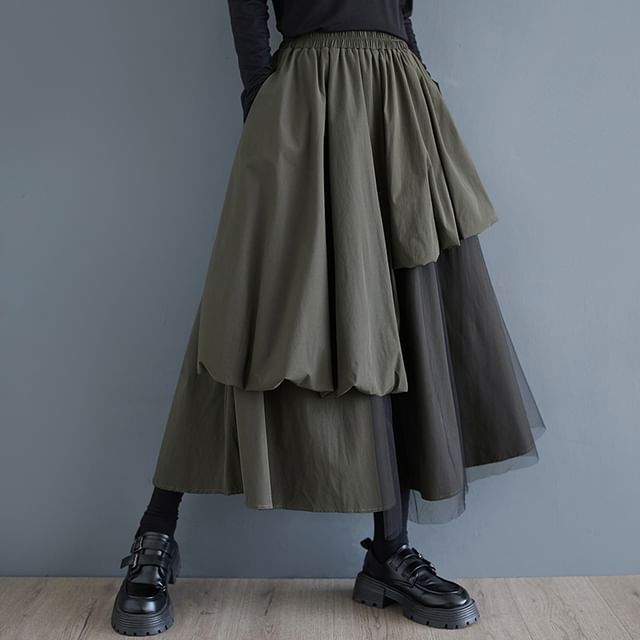 Elastic Waist Plain Mesh Panel Midi A-Line Skirt