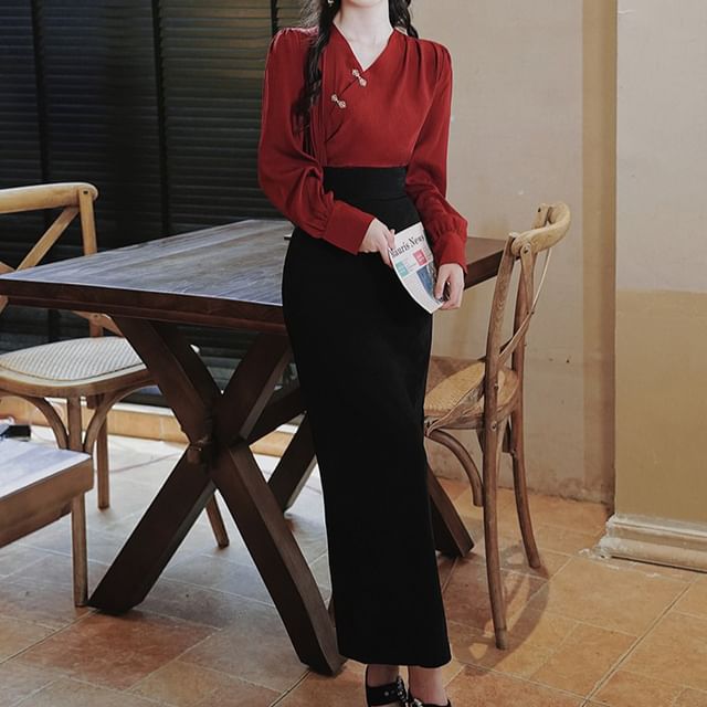 Set: Long-Sleeve V-Neck Plain Frog Button Blouse + High Rise Midi Pencil Skirt