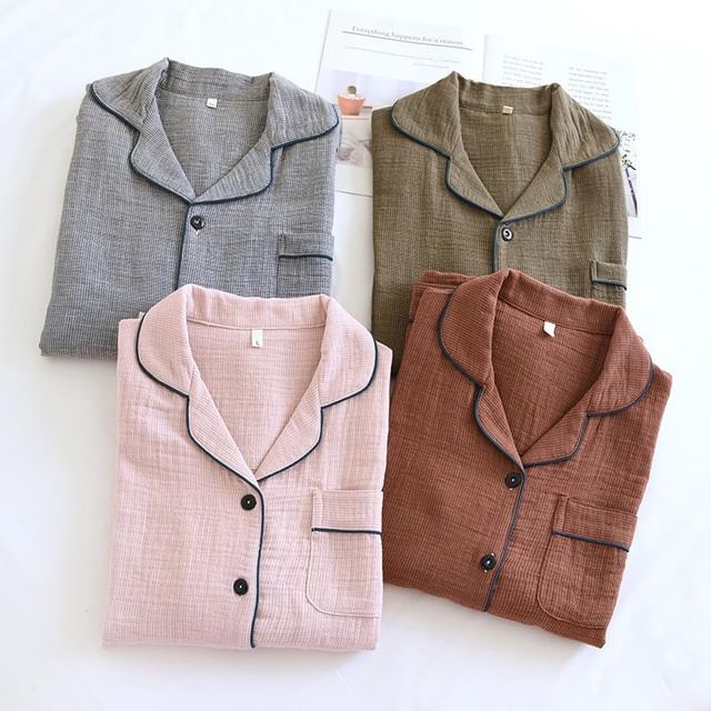 Pajama Set: Long-Sleeve Plain Top + Pants