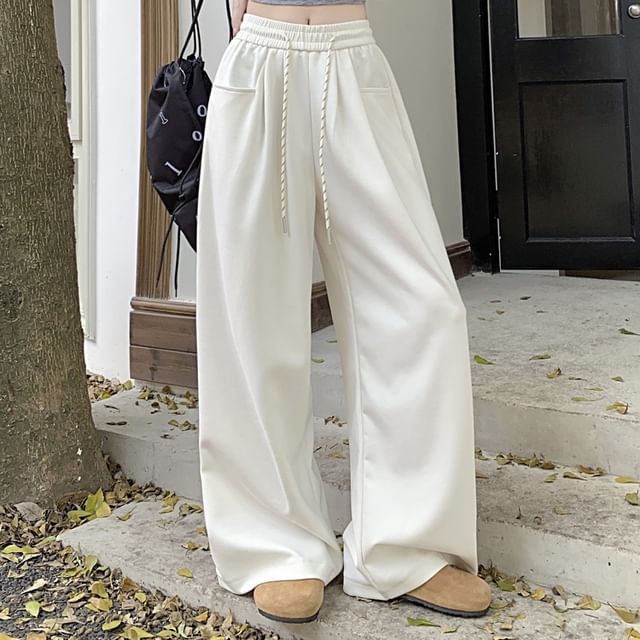 Drawstring Waist Plain Wide Leg Sweatpants