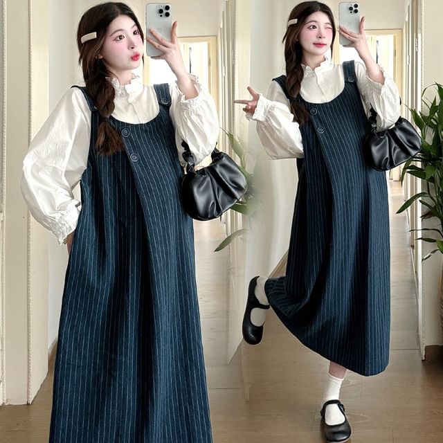 Maternity Washed Denim Striped Midi Dungaree Dress / Ruffle Trim Plain Blouse / Set