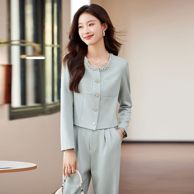 Round Neck Plain Single Breasted Blazer / Mid Waist Plain Wide Leg Dress Pants