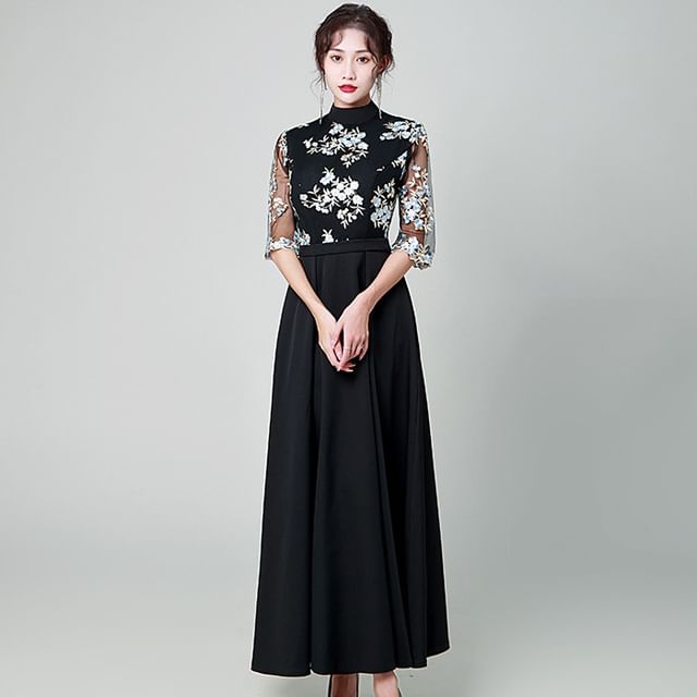 Elbow-Sleeve Lace Overlay Maxi A-Line Dress