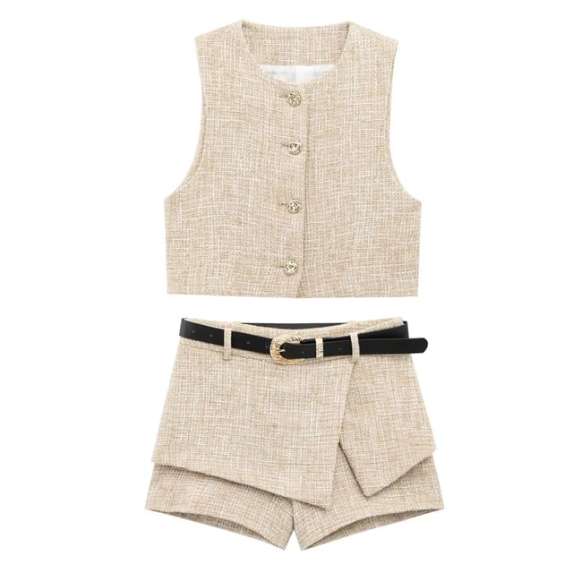 V-Neck Button-Up Vest / Mini Skirt Overlay Shorts