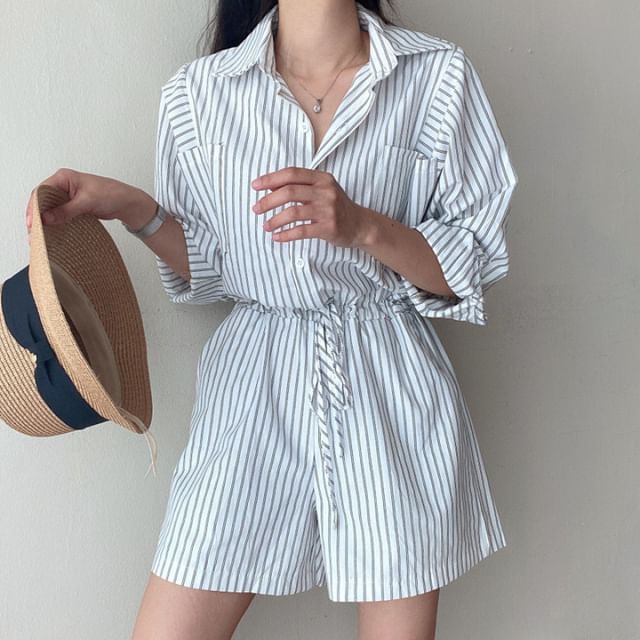 Long-Sleeve Henley Striped Pocket Front Romper