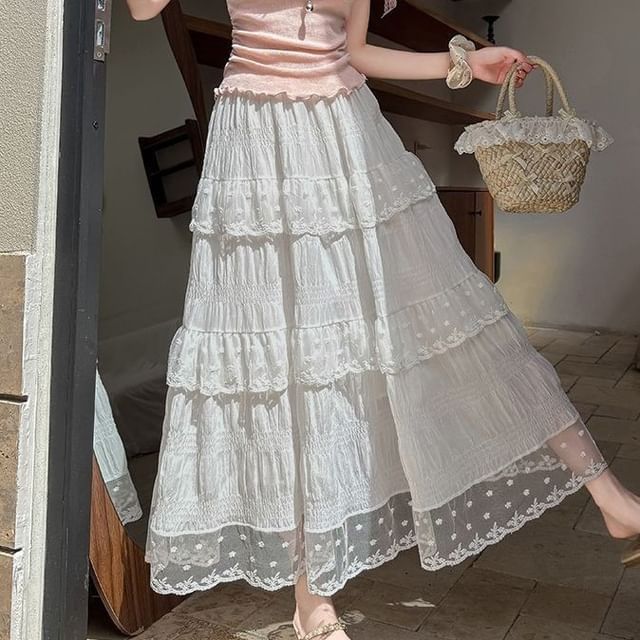 High Waist Lace Panel Tiered Midi A-Line Skirt