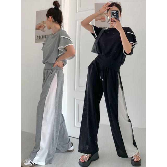 Set: Short-Sleeve Two-Tone Top + Drawstring Waist Boot-Cut Pants