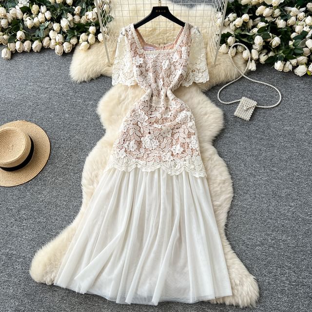 Short-Sleeve Square Neck Lace Maxi A-Line Dress