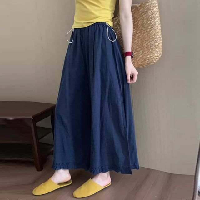 Maternity Elastic Waist Plain Frill Trim Wide Leg Pants