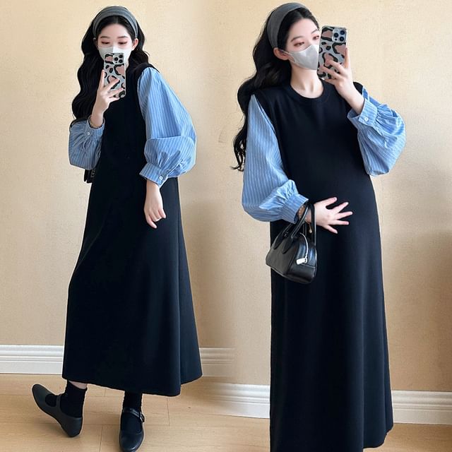 Maternity Long Sleeve Round Neck Striped Mock Two Piece Midi A-Line Dress