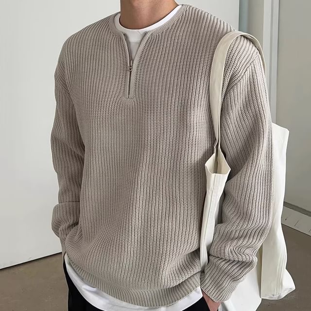 Long-Sleeve Half Zip Plain Knit Top