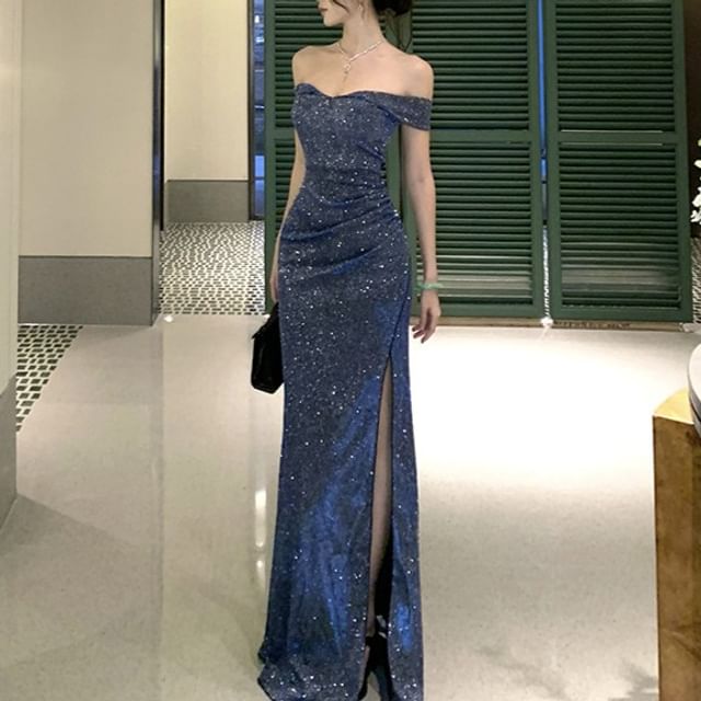 Off Shoulder Sequin Maxi Sheath Dress
