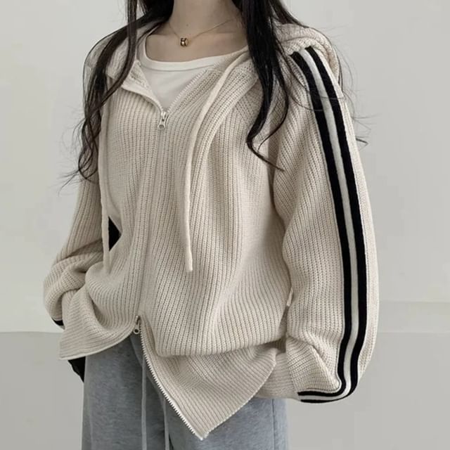 Striped Side Zip-Up Knit Hoodie