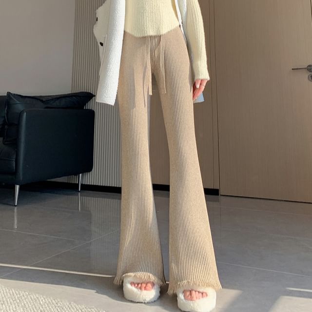 Drawstring Waist Plain Fringed Ribbed Flared Knit Pants