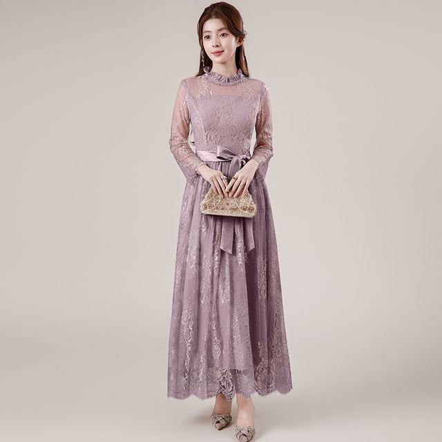 Long Sleeve Mock Neck Plain Frill Tie-Waist Lace A-Line Evening Dress