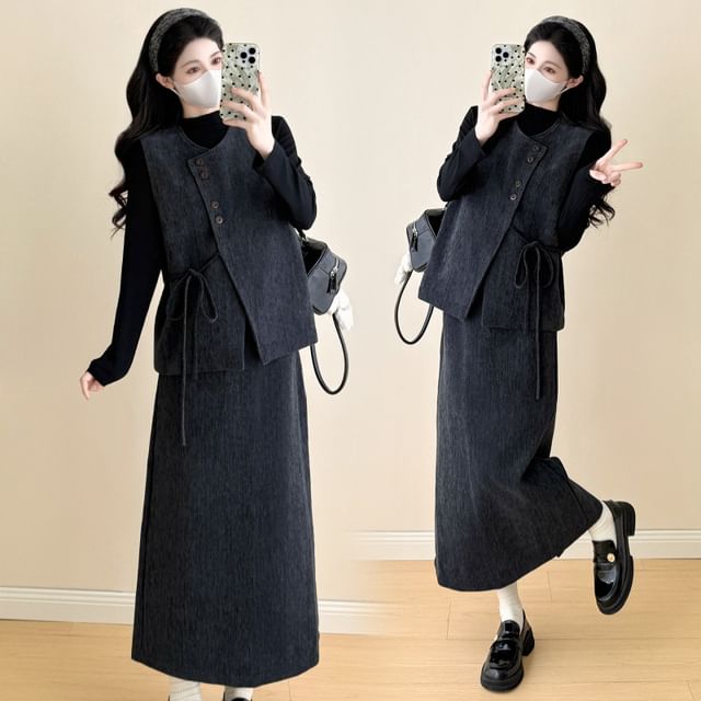 Maternity Melange Button Vest / High Waist Midi A-Line Skirt / Long-Sleeve Mock Neck Plain Top / Set