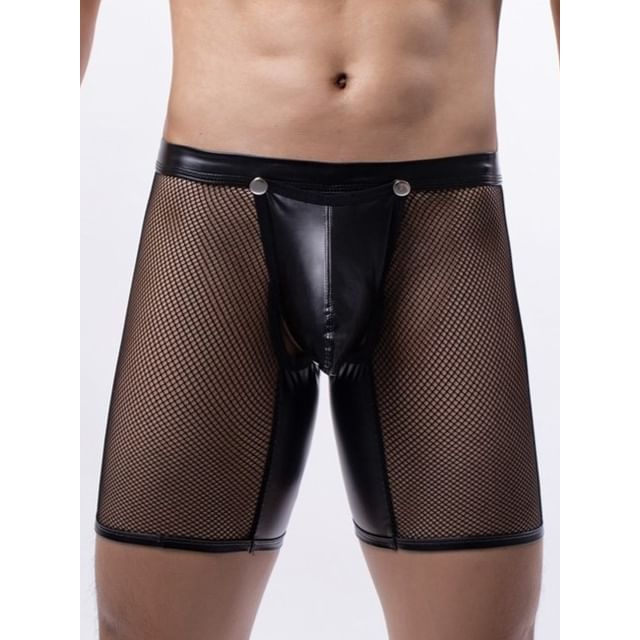 Plain Mesh Panel Faux Leather Boxer Briefs