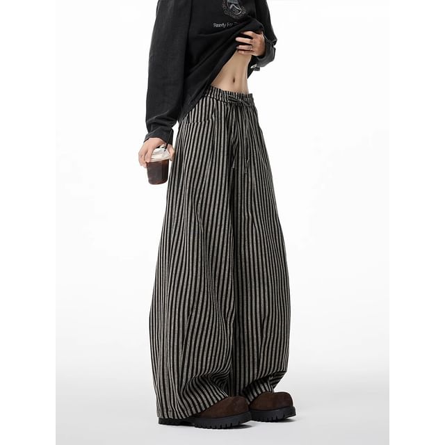 Elastic Waist Striped Barrel Leg Baggy Pants