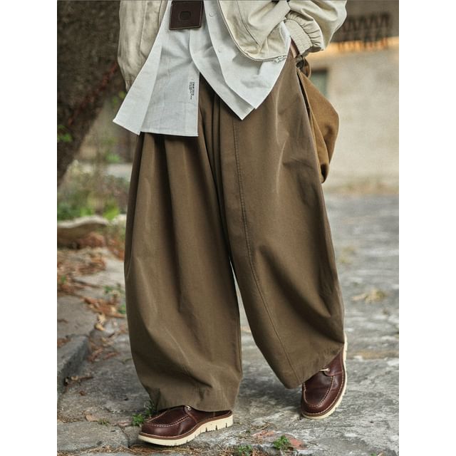 Mid Rise Plain Barrel Leg Baggy Pants