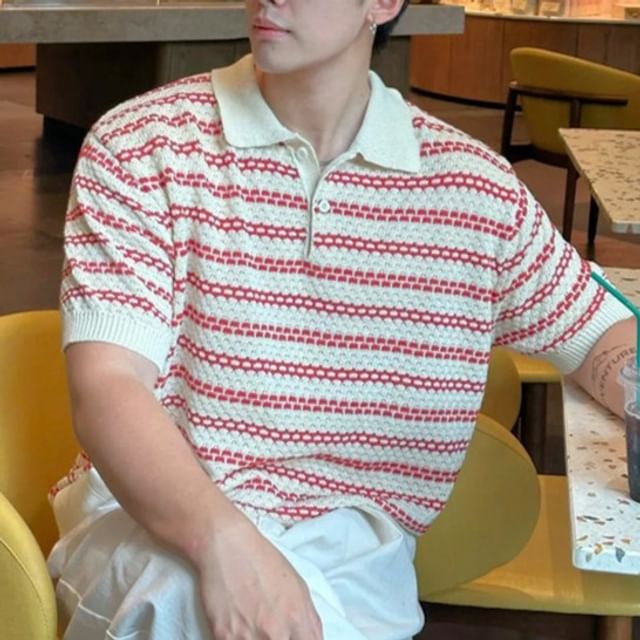 Short-Sleeve Striped Knit Polo Shirt