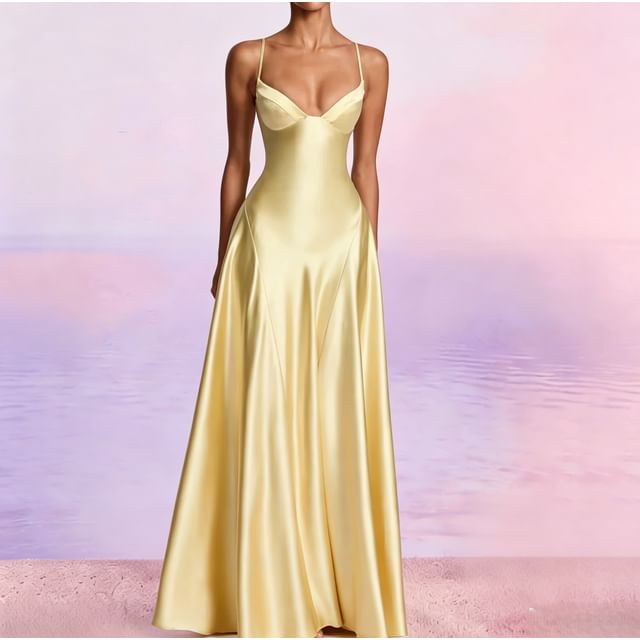 Sweetheart Neck Spaghetti Strap Plain Satin Maxi Dress