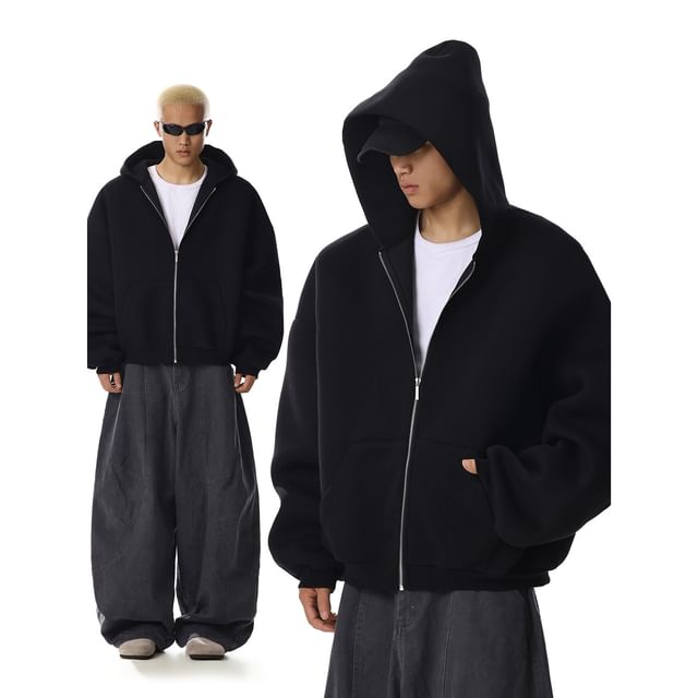 Plain Boxy Zip-Up Hoodie