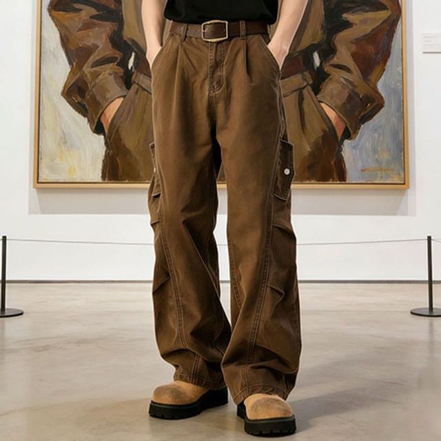 Mid Rise Plain Wide Leg Cargo Jeans