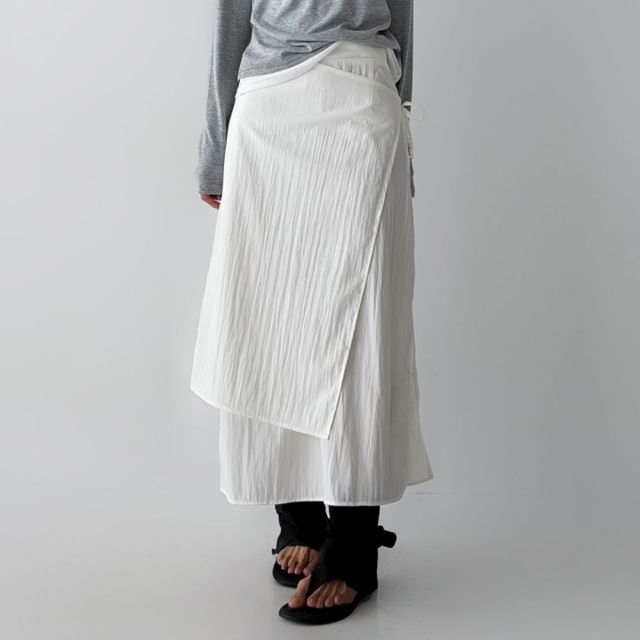 Textured Layered Maxi Skirt with Asymmetric Overlay and Tie