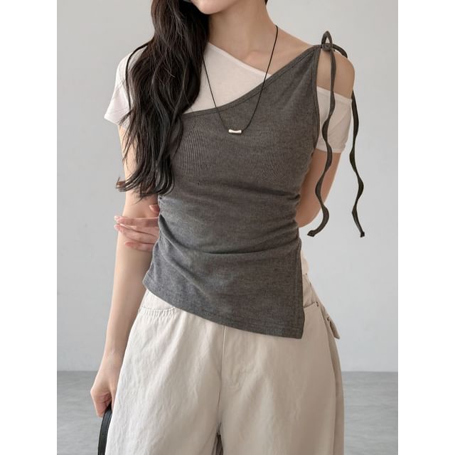 One-Shoulder Mock Two-Piece Tie-Front Top