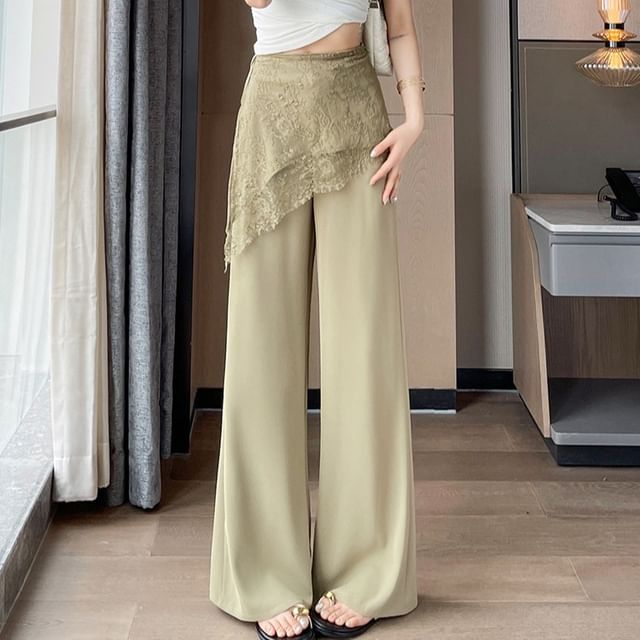 High Waist Plain Lace Skirt Overlay Wide Leg Pants