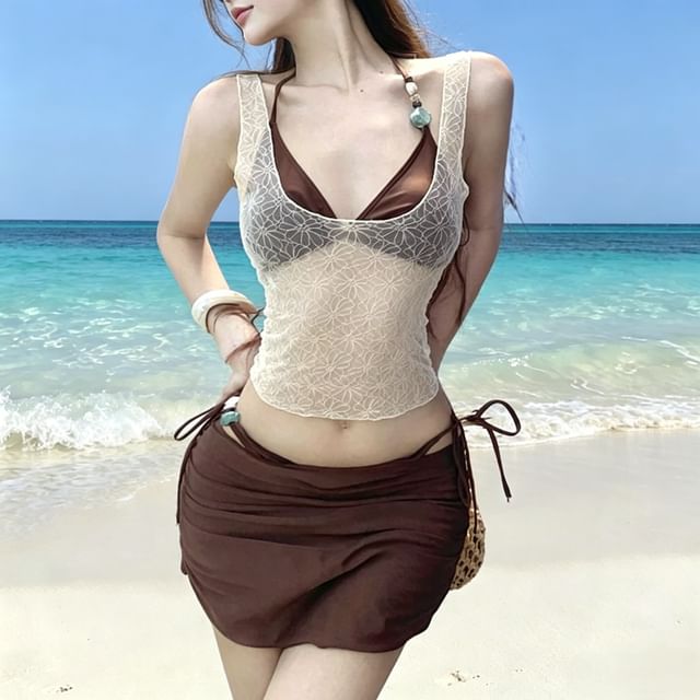 Set: Halter-Neck Plain Bead Bikini + Drawstring Cover-Up Skirt + Cover-Up Top